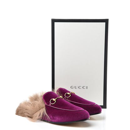 Gucci Velvet Fur Womens Princetown Slippers 37.5 Fucsia Violet Cyclamen Natural 9 of 9