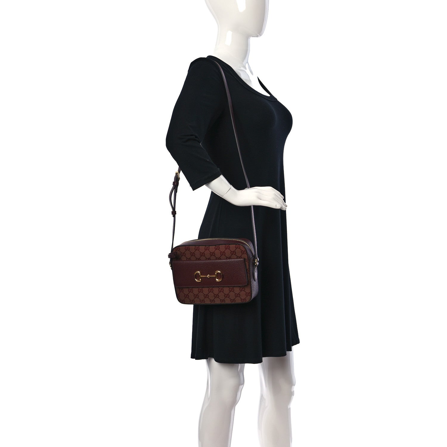 Gucci Monogram Textured Dollar Calfskin Small Horsebit 1955 Shoulder Bag Sahara Rubino Chardonnay 2 of 7