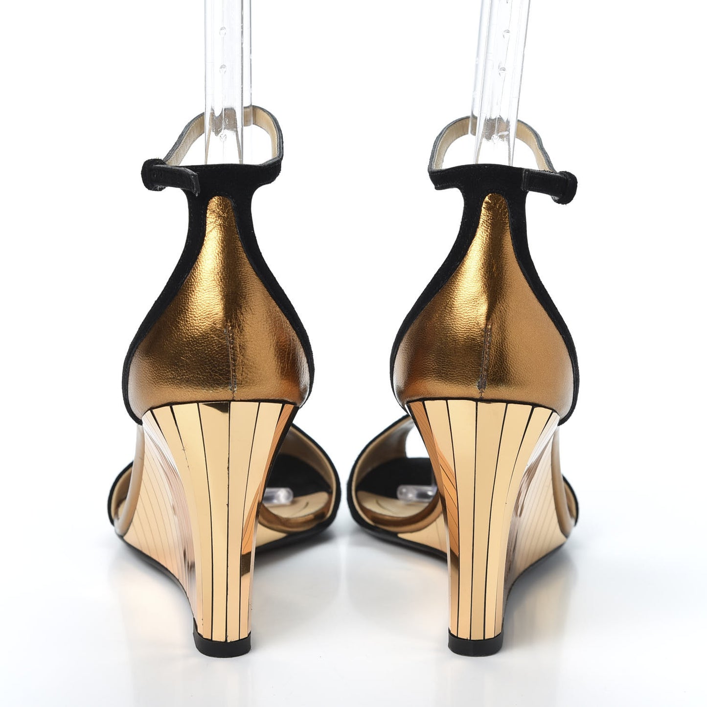 Suede Delphine Mirrored Mid Heel Strap Wedge Sandal 37.5 Black Gold