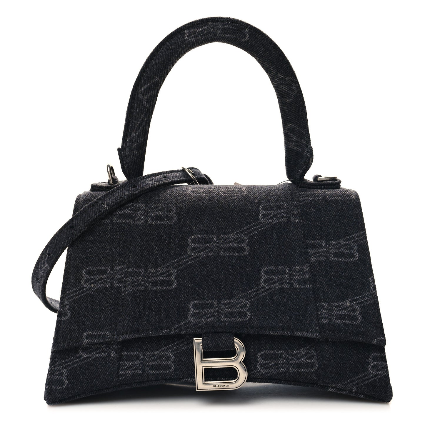Washed Denim BB Monogram Small Hourglass Top Handle Bag Black
