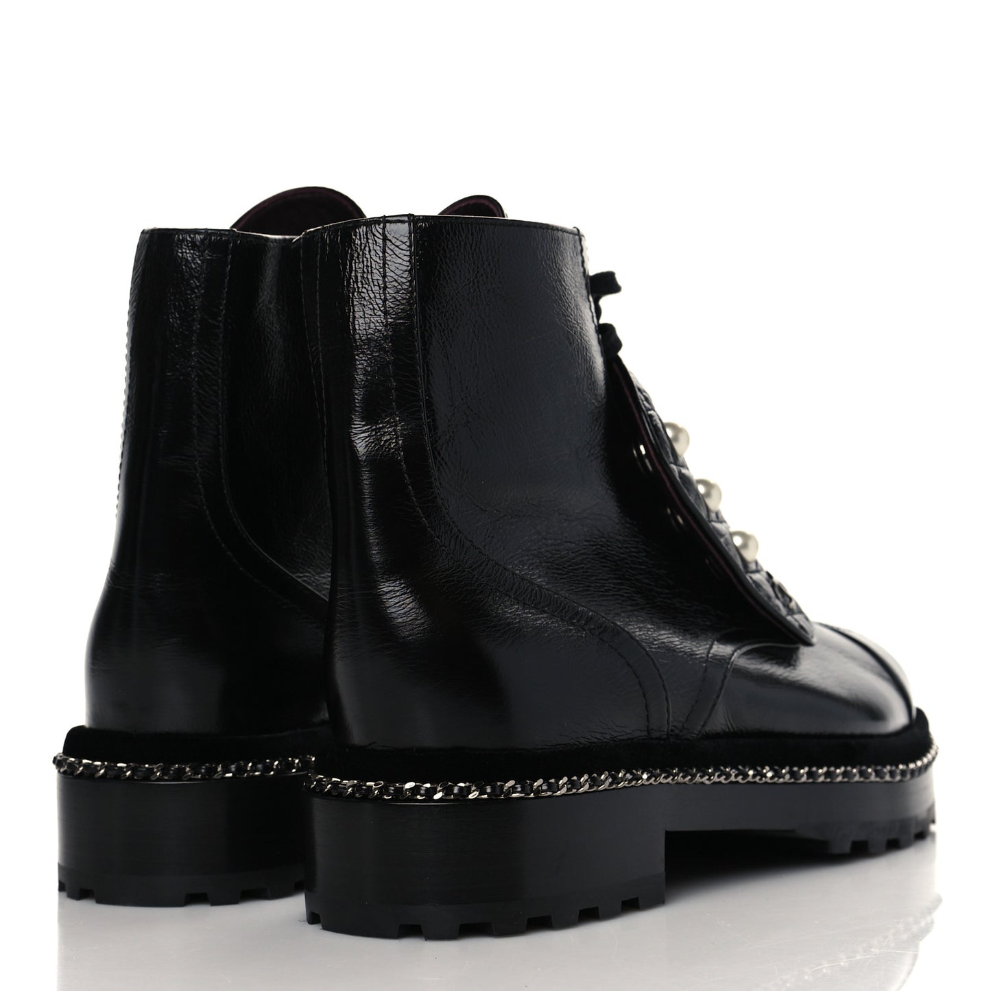 Crackled Calfskin Velvet Pearl Combat Short Boots 39 Black