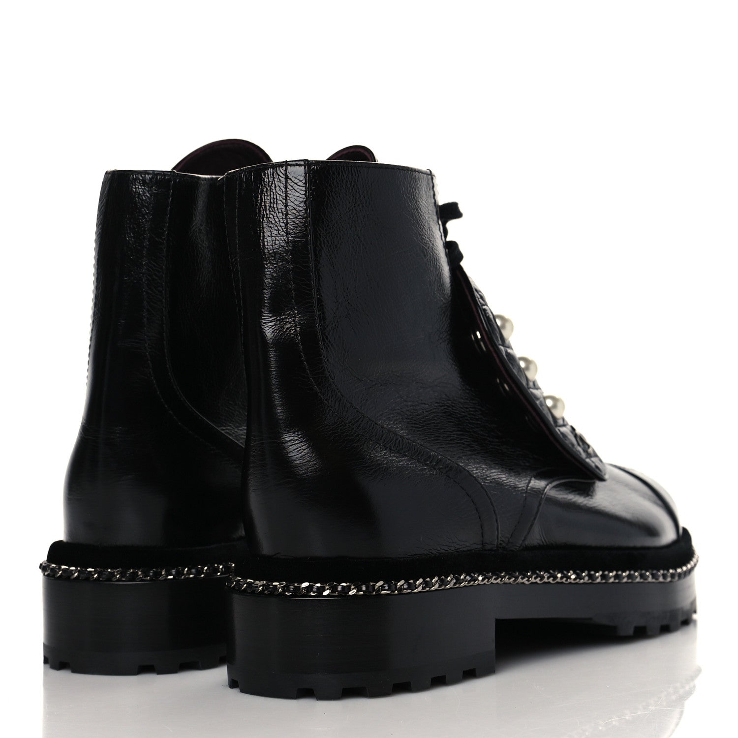 Chanel Crackled Calfskin Velvet Pearl Combat Short Boots 39 Black 4 of 8