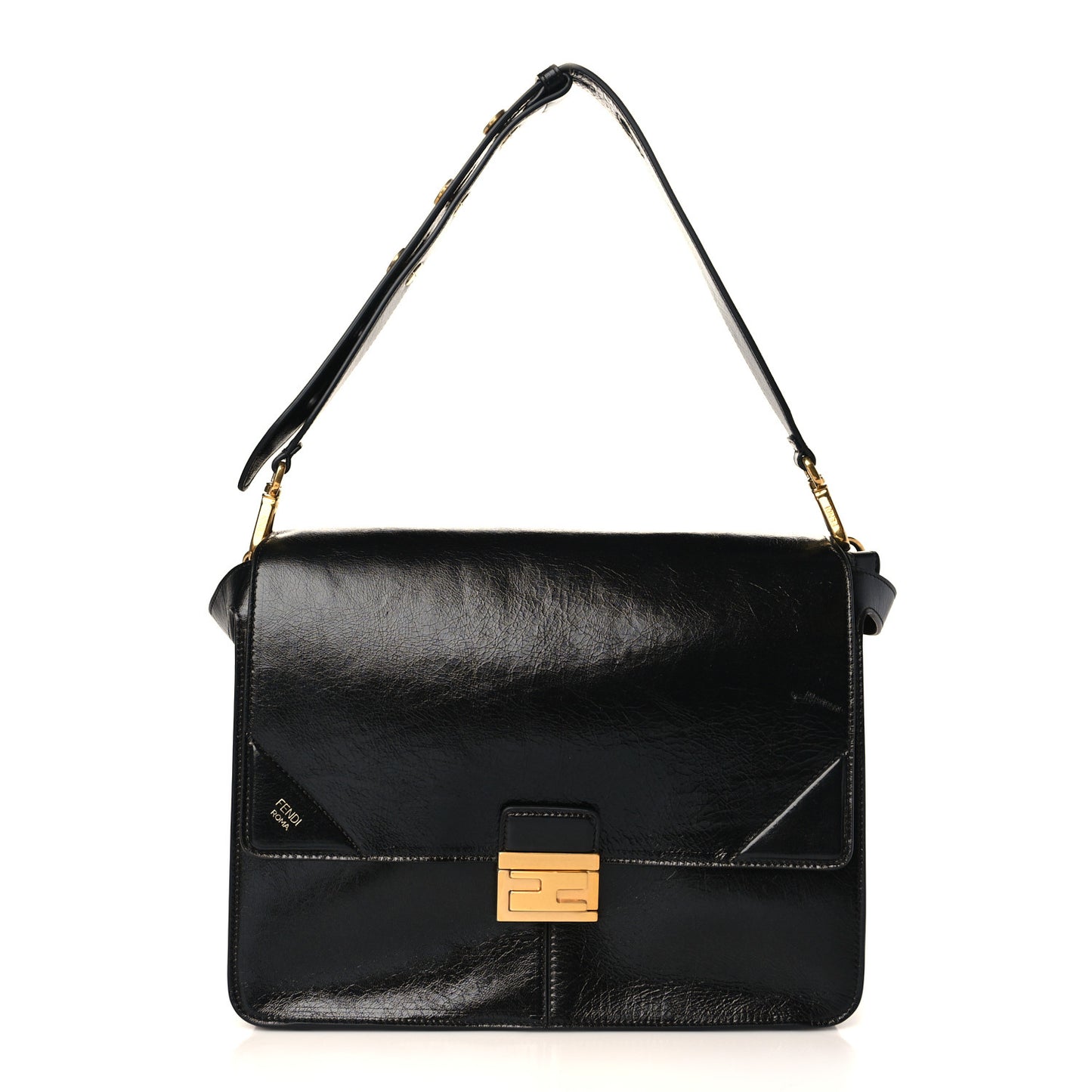 Agnello Old Shine Large Kan U Shoulder Bag Black