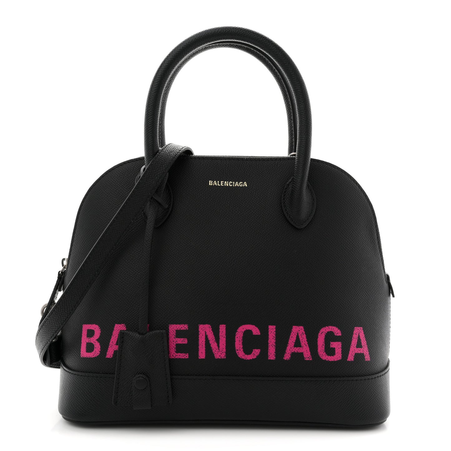 Signature Grained Calfskin Logo S Ville Top Handle Bag Black Rose Shocking