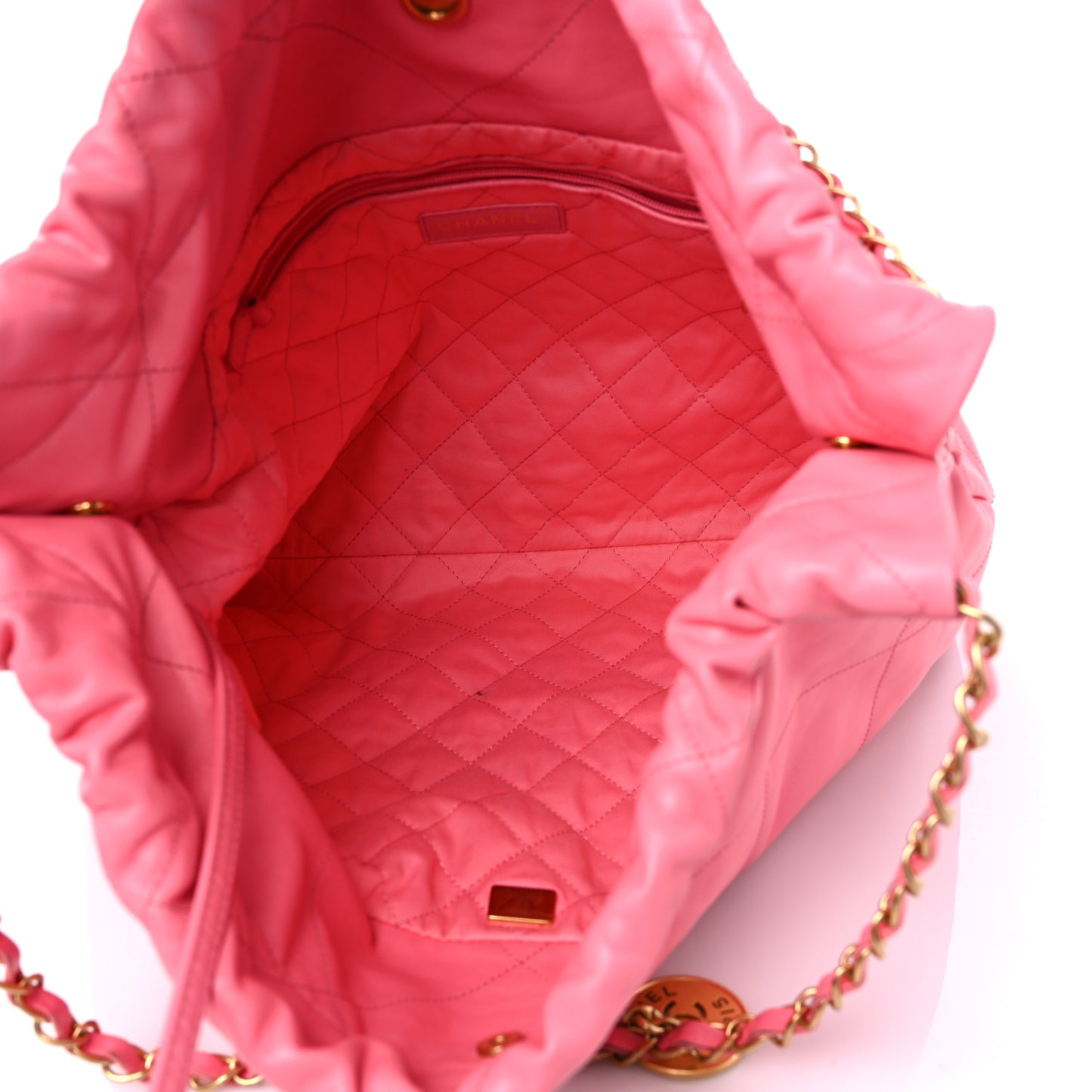 Shiny Calfskin Quilted Chanel 22 Drawstring Bag Coral Pink