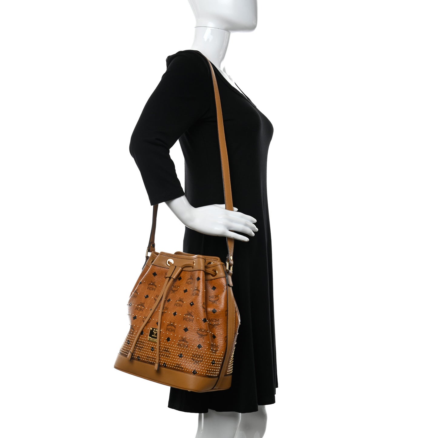 Visetos Heritage Studded Drawstring Bucket Bag Cognac