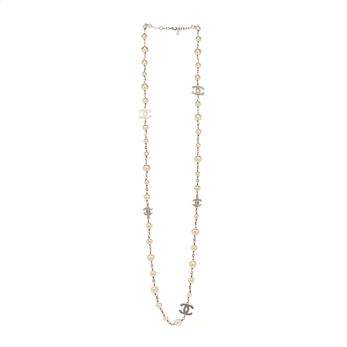 Graduated Pearl Crystal CC Long Necklace Silver