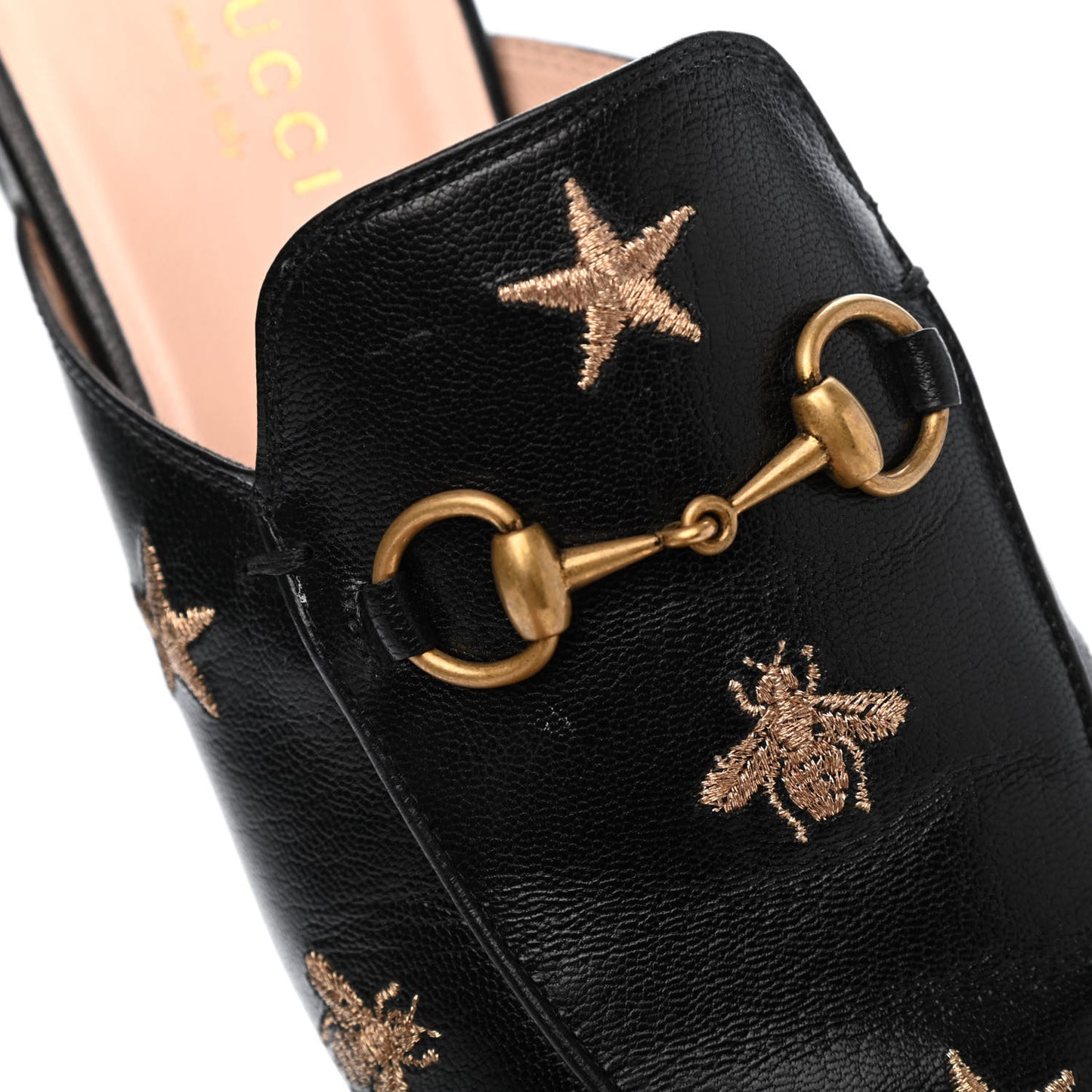 Goatskin Bee Star Embroidered Womens Princetown Slippers 37.5 Black
