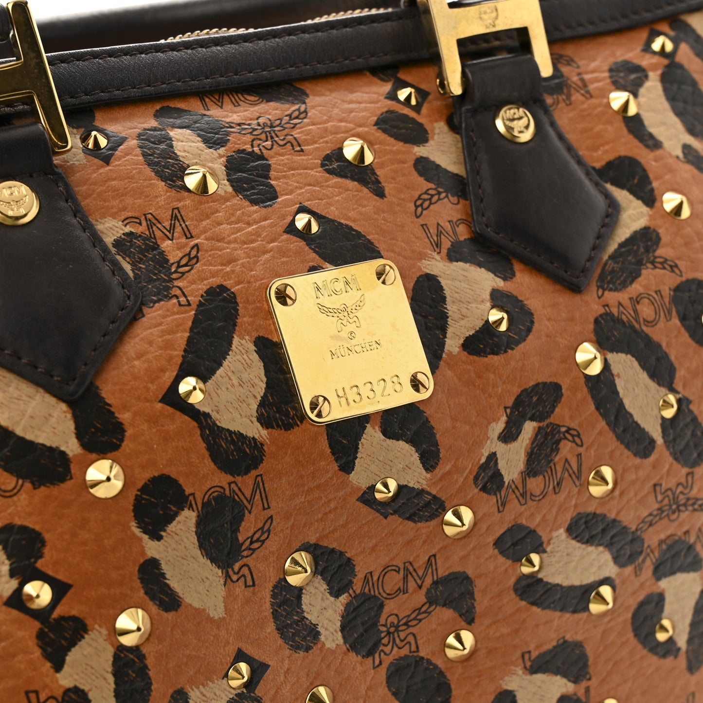Visetos Leopard Print Boston Bag Cognac
