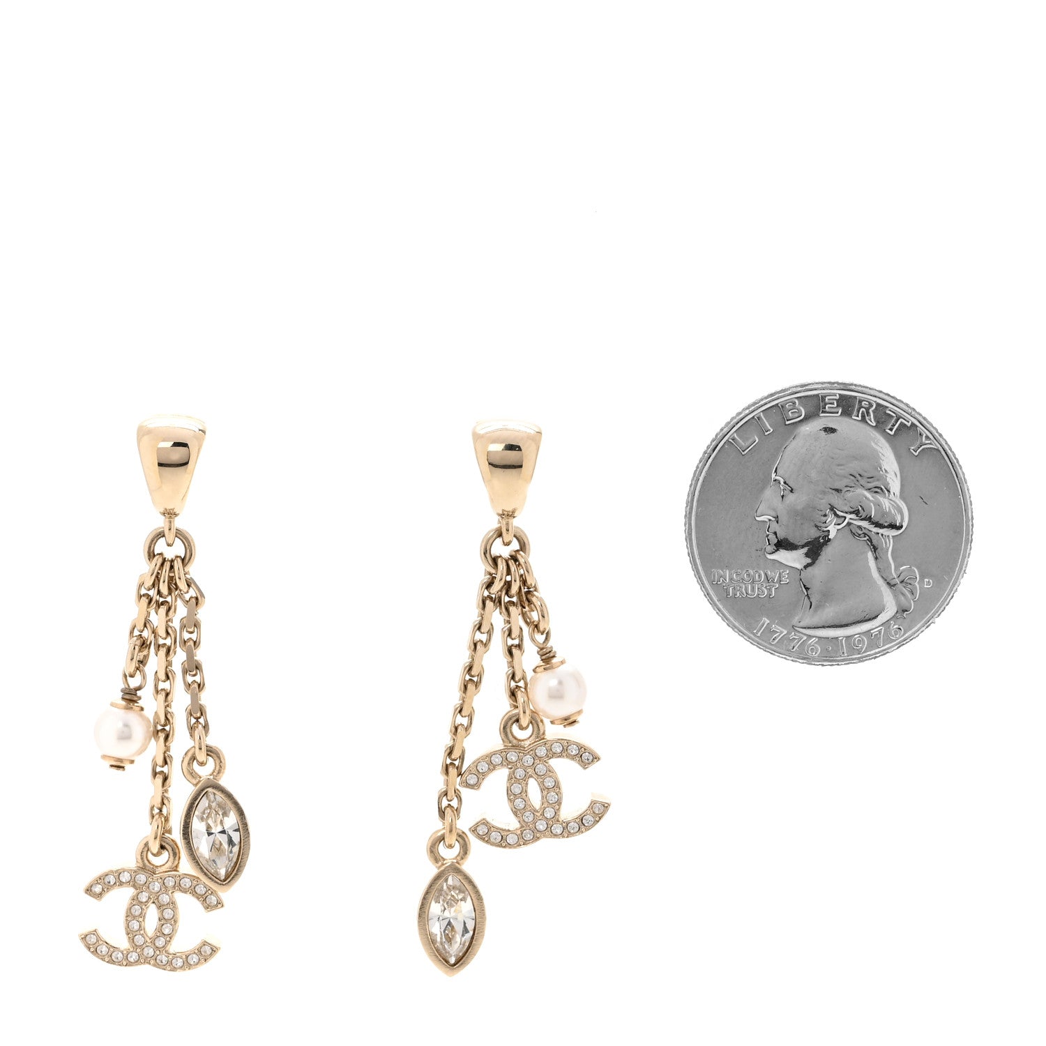 Chanel Strass Crystal Pearl CC Drop Earrings Gold 2 of 5