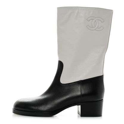 Chanel Calfskin CC Logo Mid Calf Boots 36.5 Grey Black 1 of 8