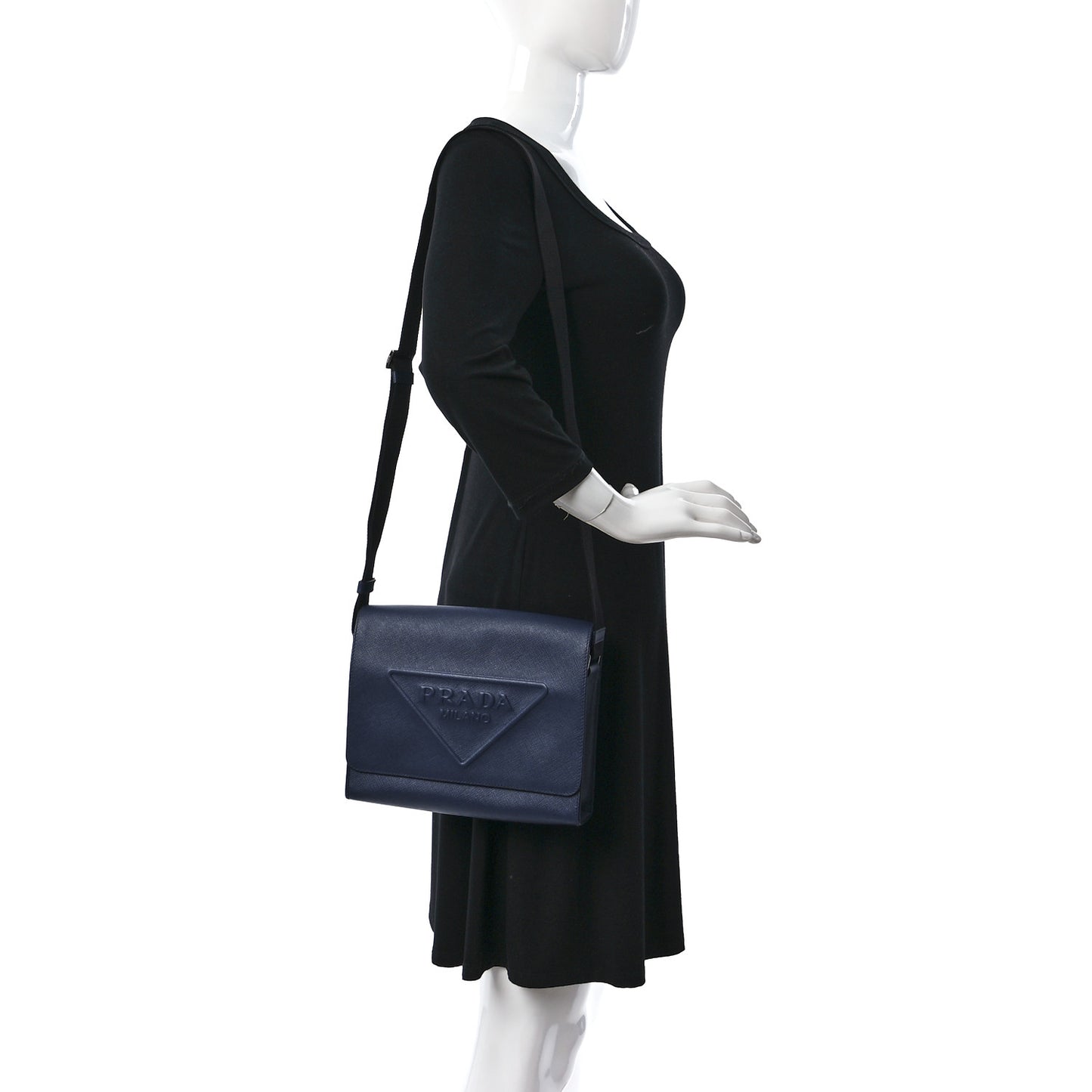 Saffiano Cuir Triangle Logo Embossed Flap Crossbody Bluette