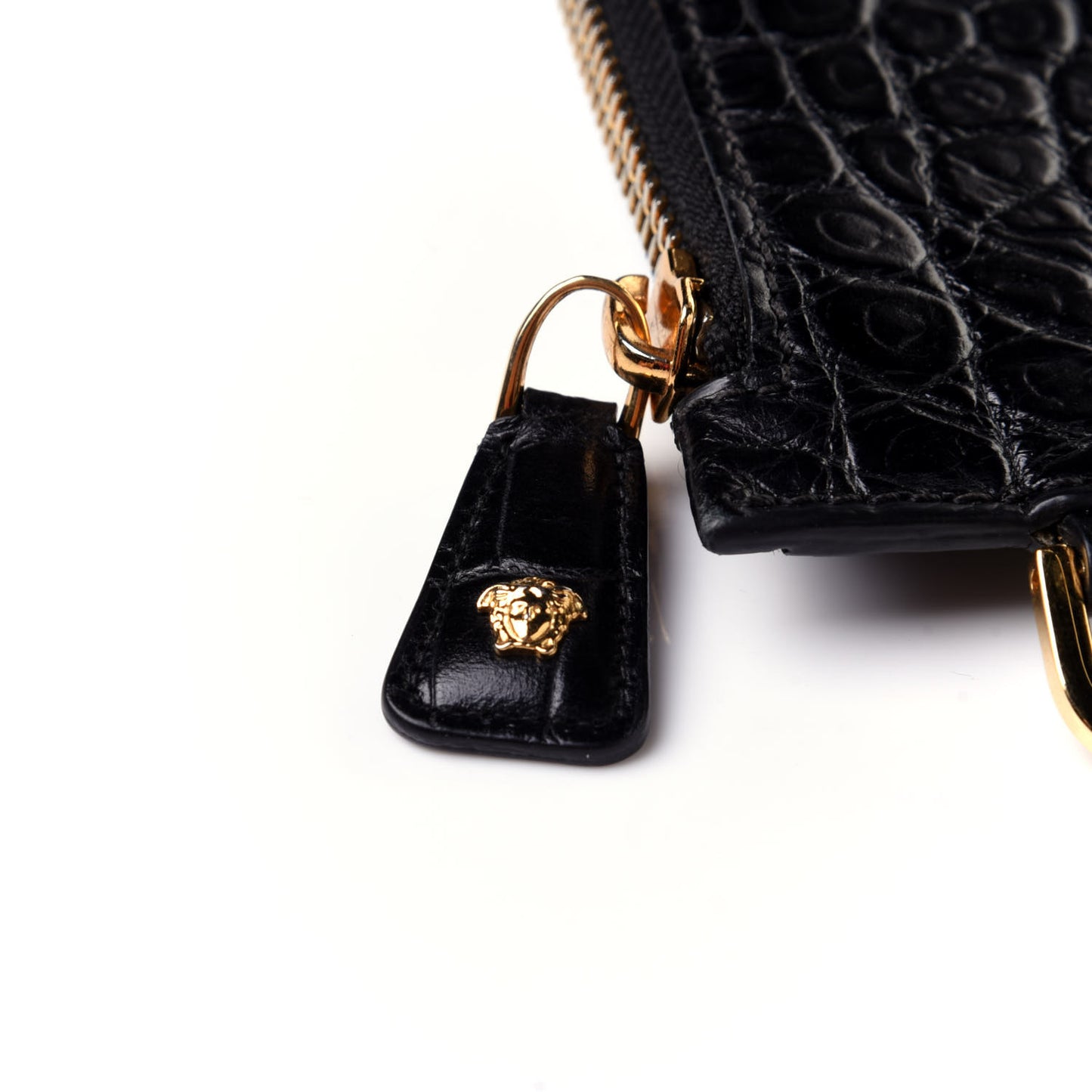 Crocodile Embossed Calfskin Medusa Wristlet Black