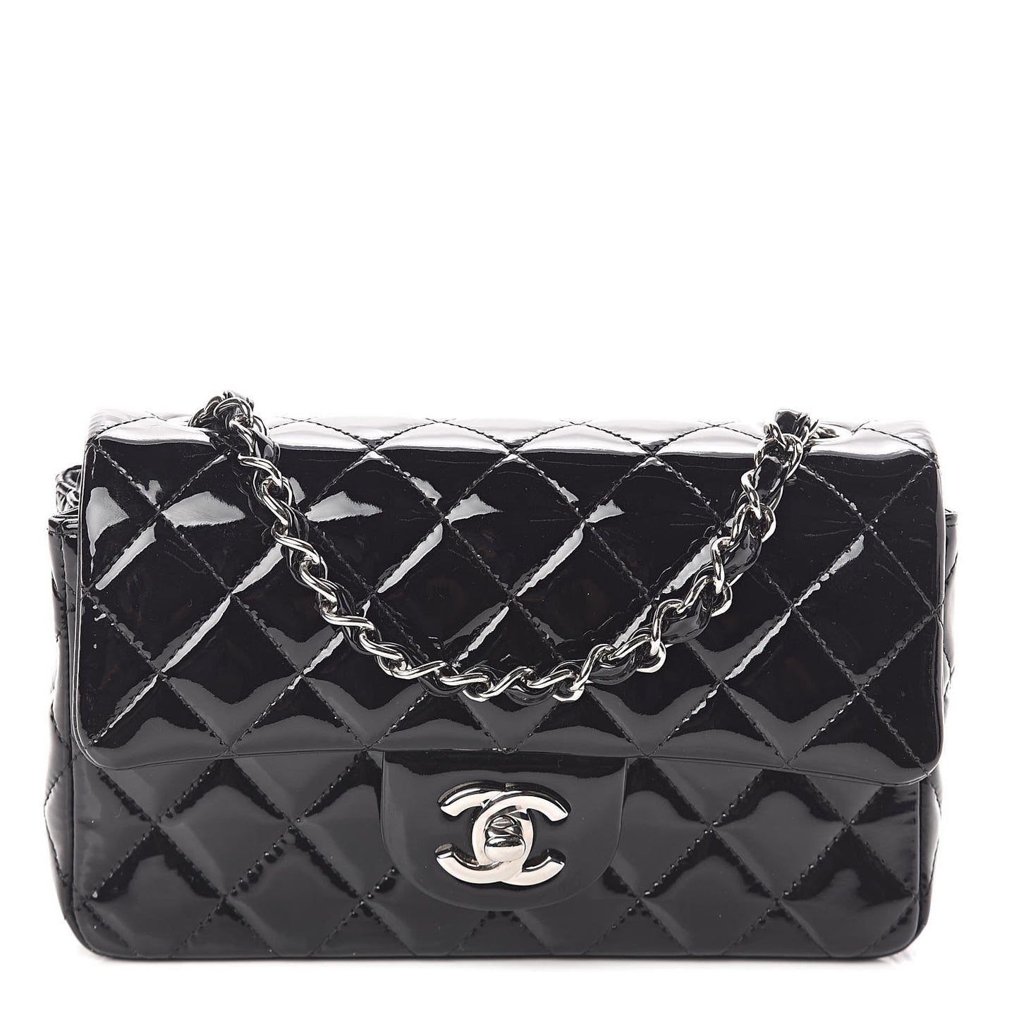 Patent Calfskin Quilted Mini Rectangular Flap Black