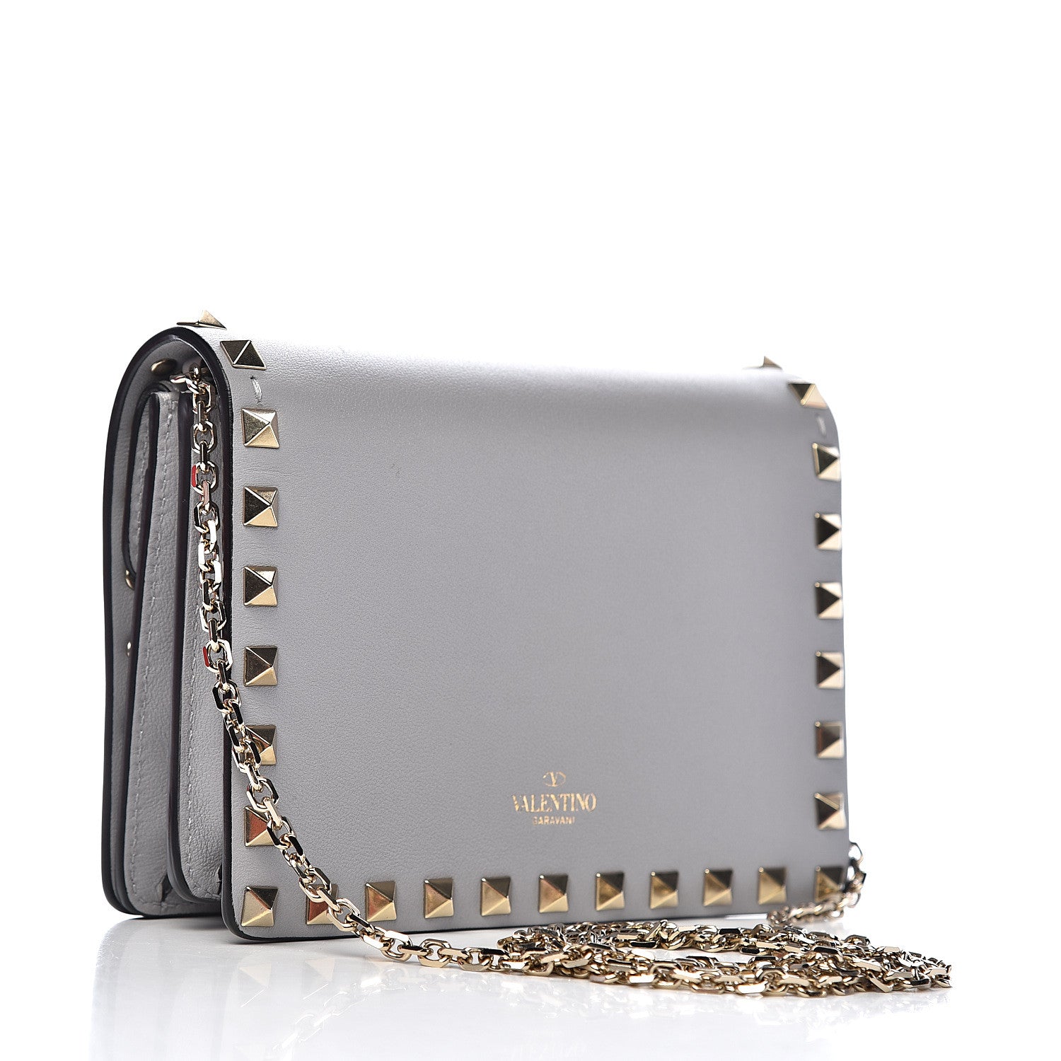 Valentino Garavani Calfskin Rockstud Wallet on Chain Pastel Grey 2 of 8