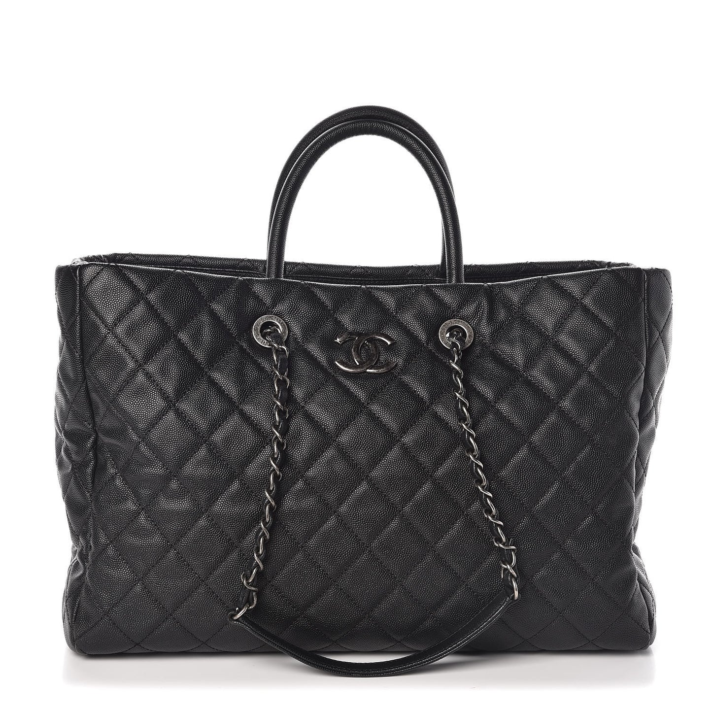 Caviar Quilted Large Coco Handle Shopping Tote Black