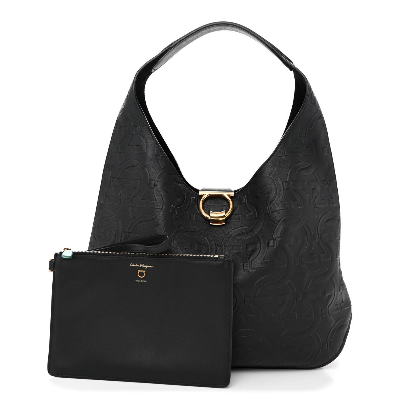 Calfskin Embossed Gancini Margot Hobo Black