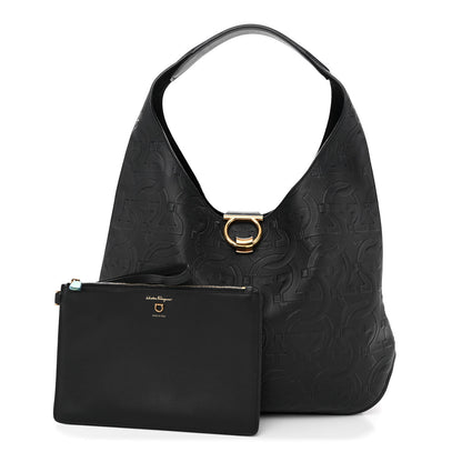 Salvatore Ferragamo Calfskin Embossed Gancini Margot Hobo Black 1 of 10