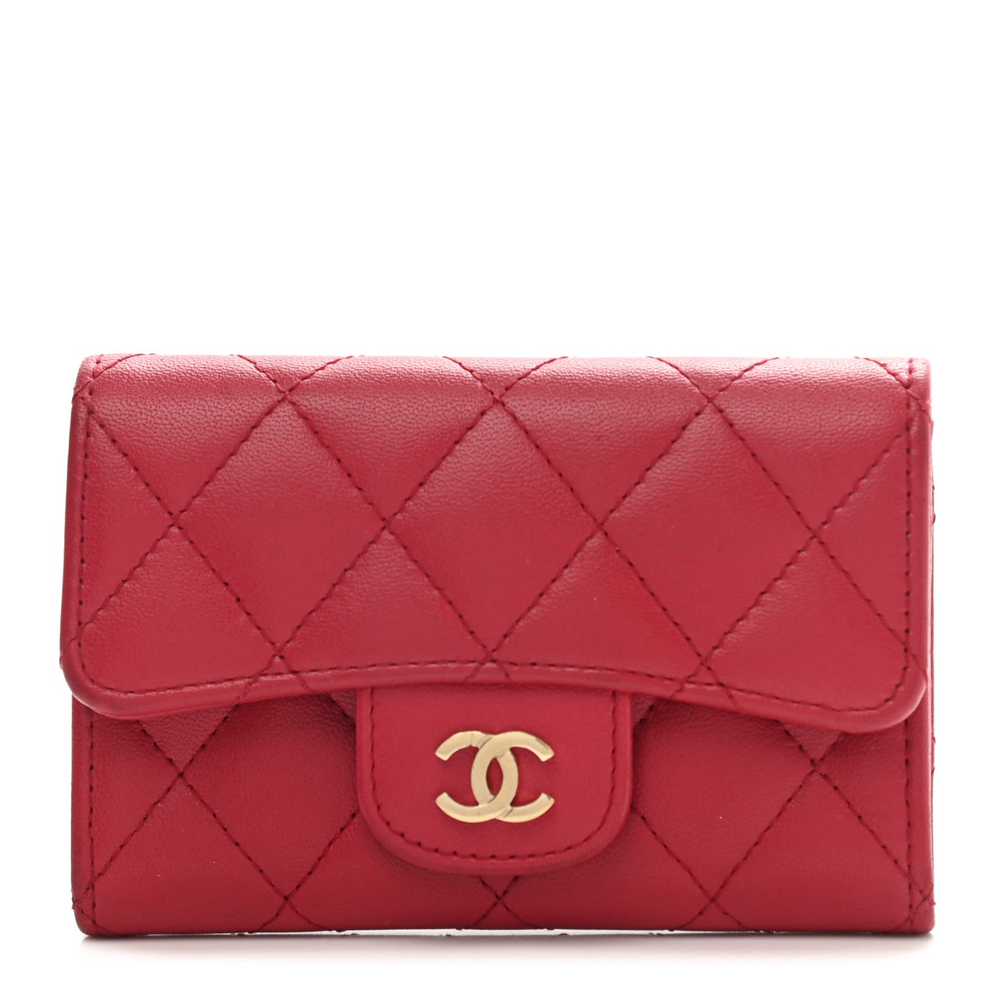 Lambskin Quilted Flap Card Holder Red