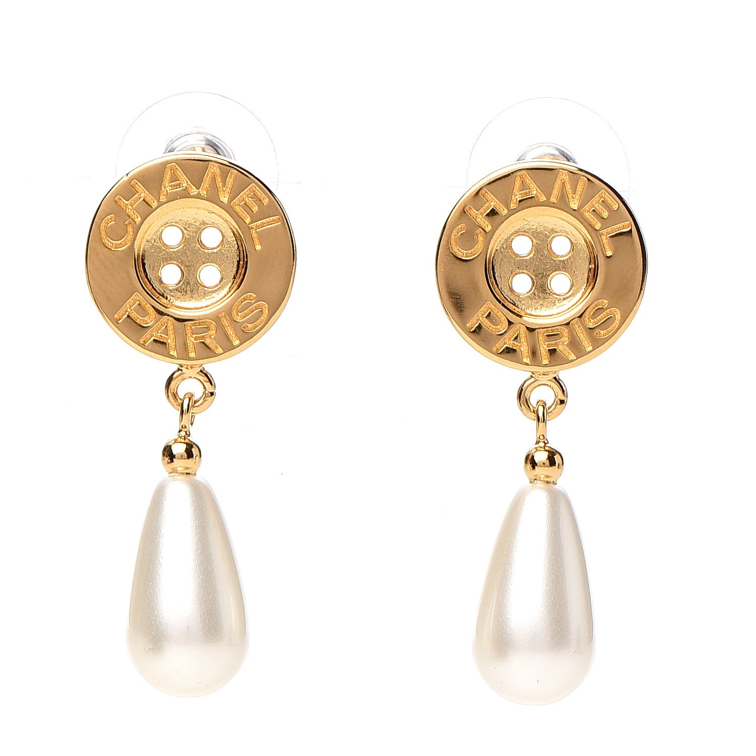 Chanel Metal Pearl Paris Button Drop Earrings Gold 1 of 5