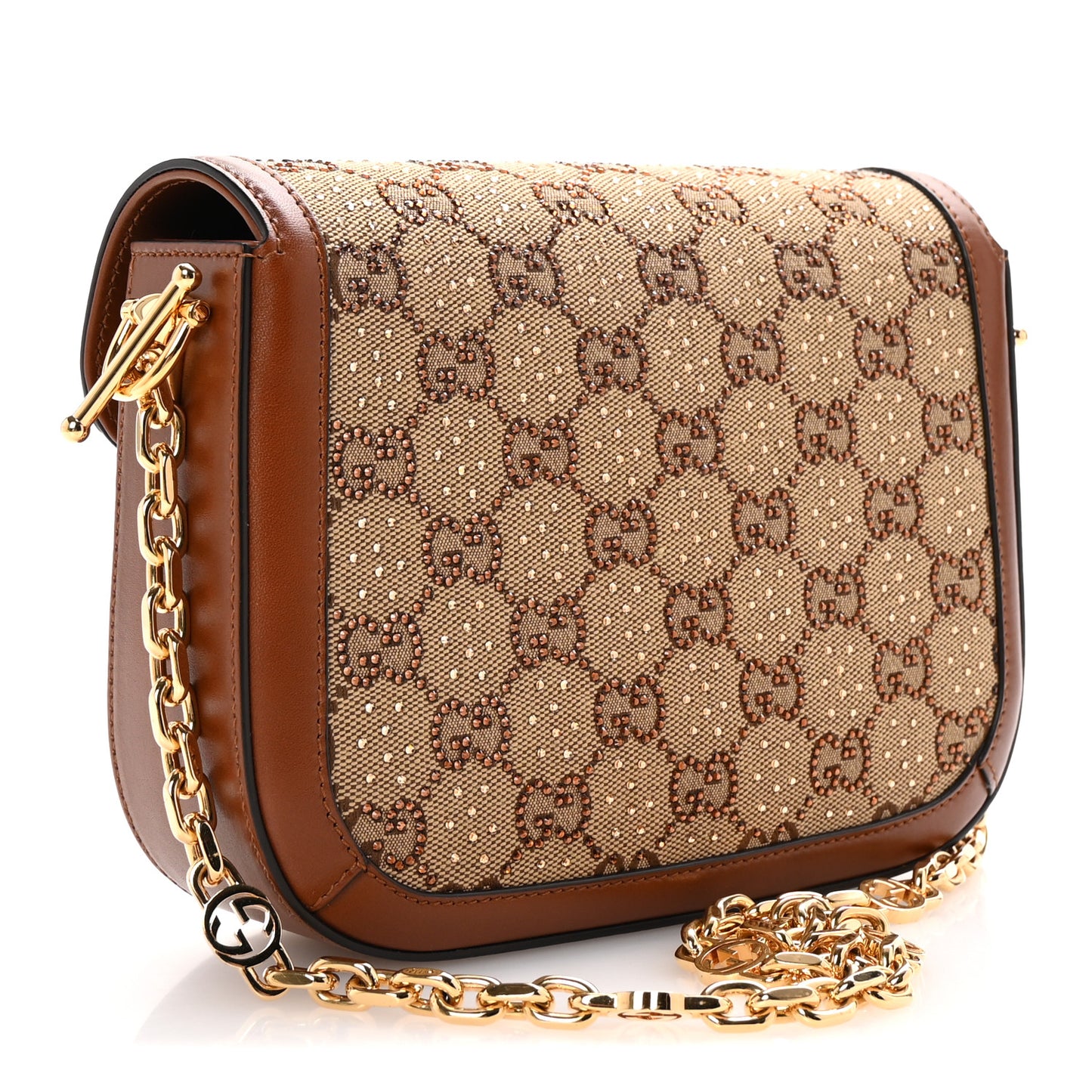 New Canvas Charisma Calfskin Crystal GG Monogram Mini Horsebit 1955 Shoulder Bag Camel Ebony