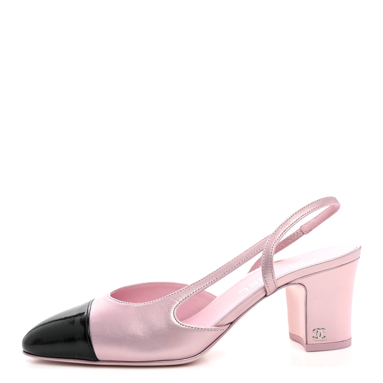 Chanel Laminated Lambskin Patent Cap Toe CC Slingback Pumps 39.5 Light Pink Black 1 of 9