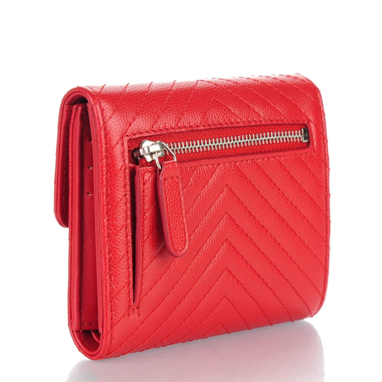 Caviar Chevron Quilted Compact Flap Wallet Dark Red