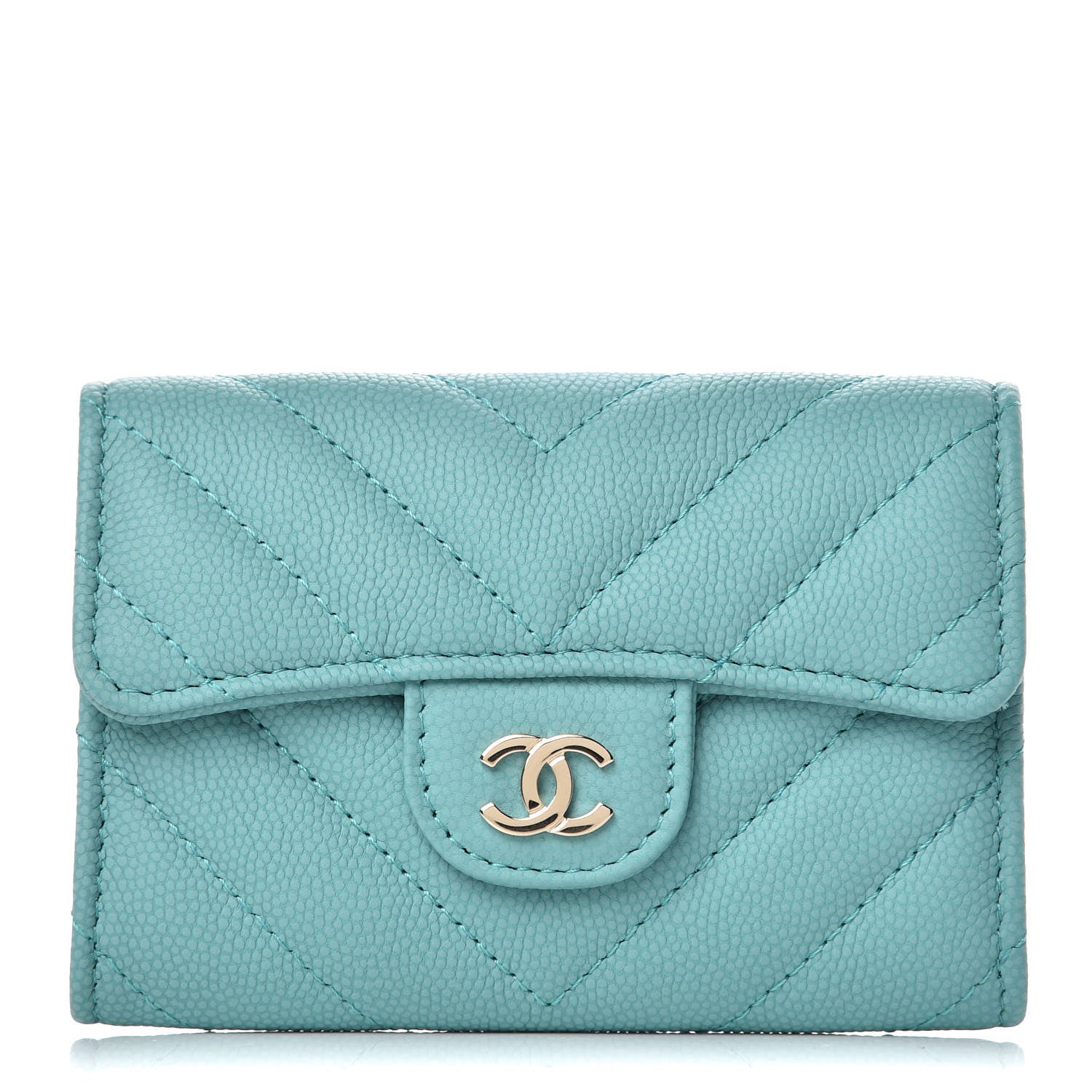 Chanel Caviar Chevron Quilted Card Holder Wallet Turquoise 1 of 9