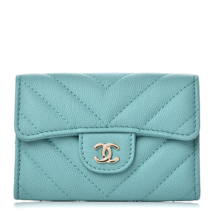 Chanel Caviar Chevron Quilted Card Holder Wallet Turquoise 1 of 9