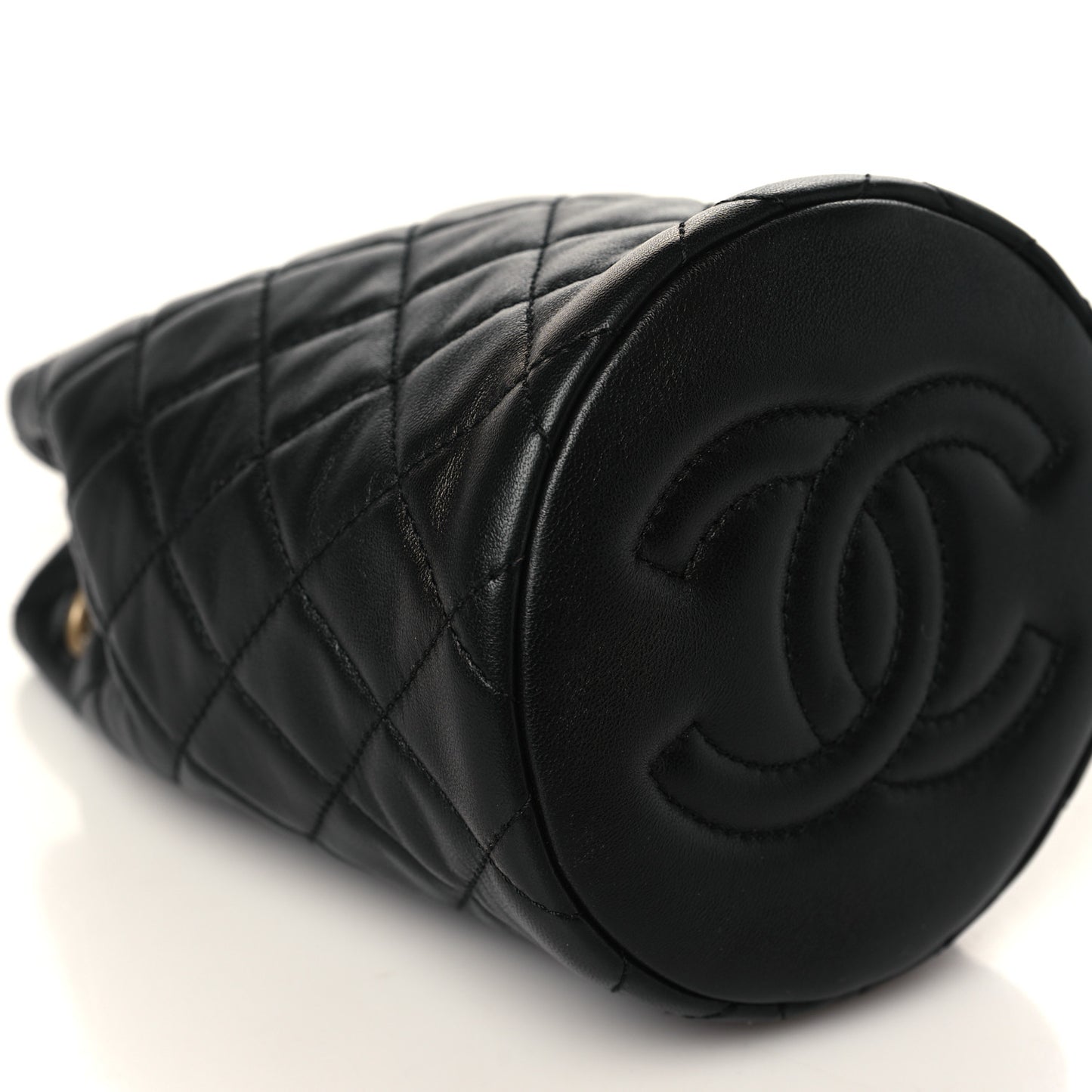 Lambskin Quilted Pearl Crush Drawstring Bag Black