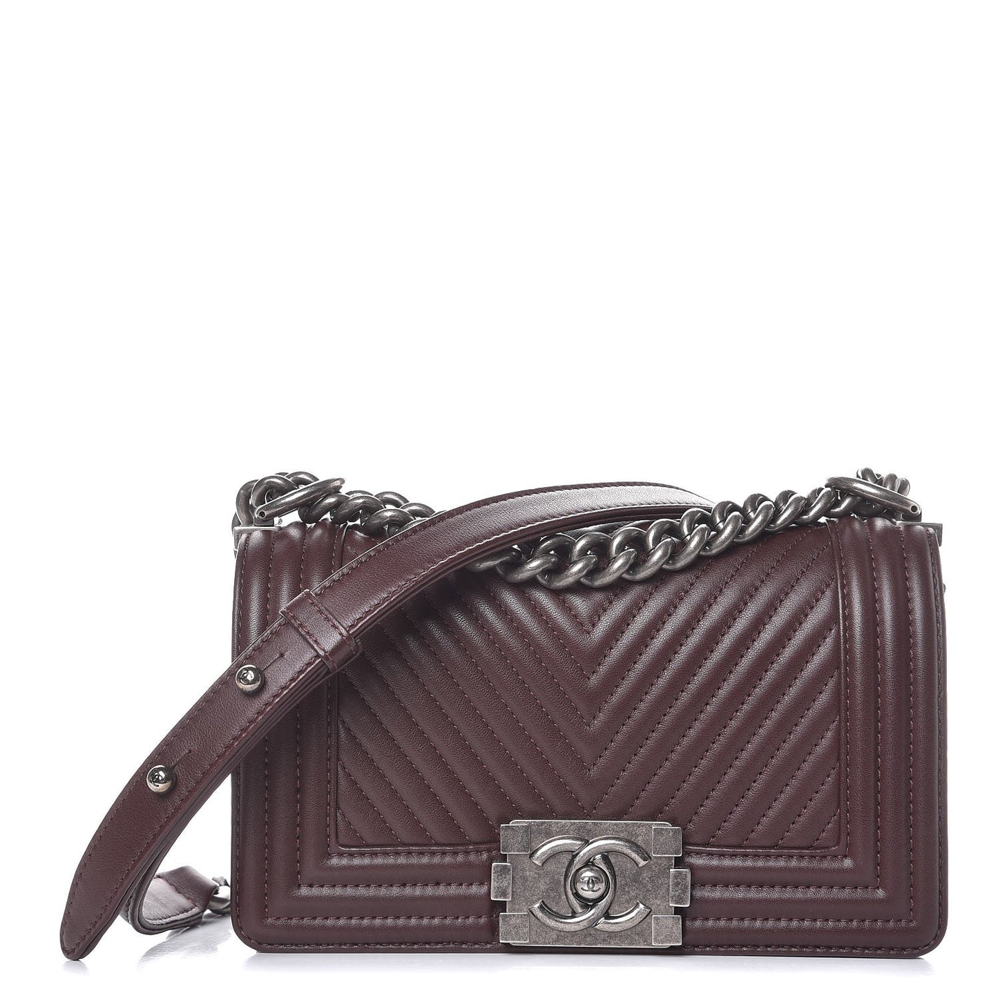 Calfskin Chevron Quilted Small Boy Flap Burgundy