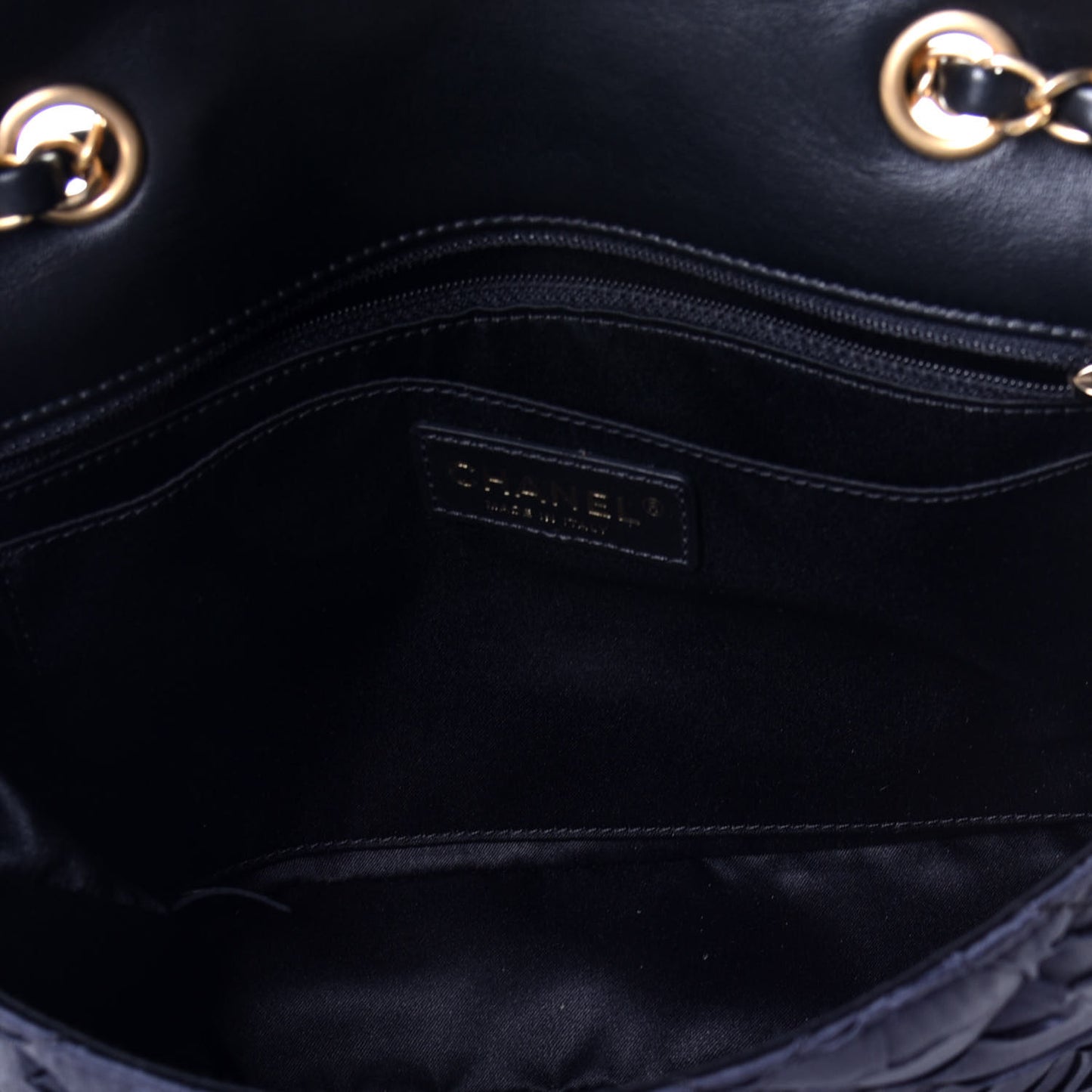 Satin Quilted Pleated Medium Single Flap Navy
