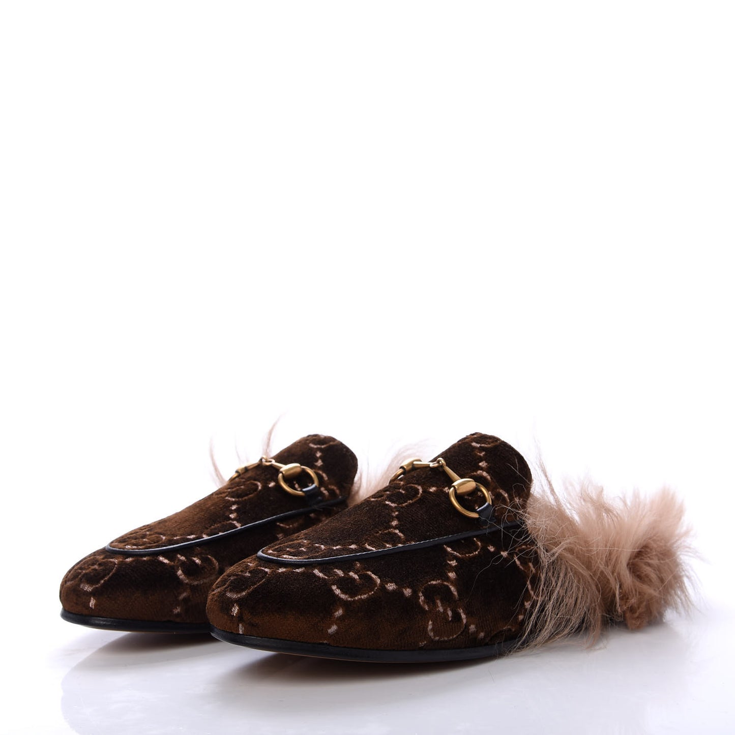 Velvet GG Monogram Fur Womens Princetown Slippers 35 Brown Black Natural