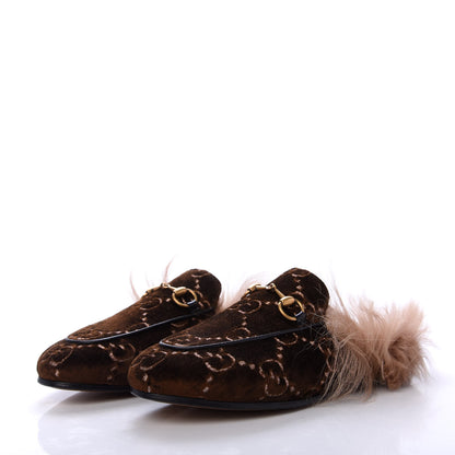 Gucci Velvet GG Monogram Fur Womens Princetown Slippers 35 Brown Black Natural 3 of 9
