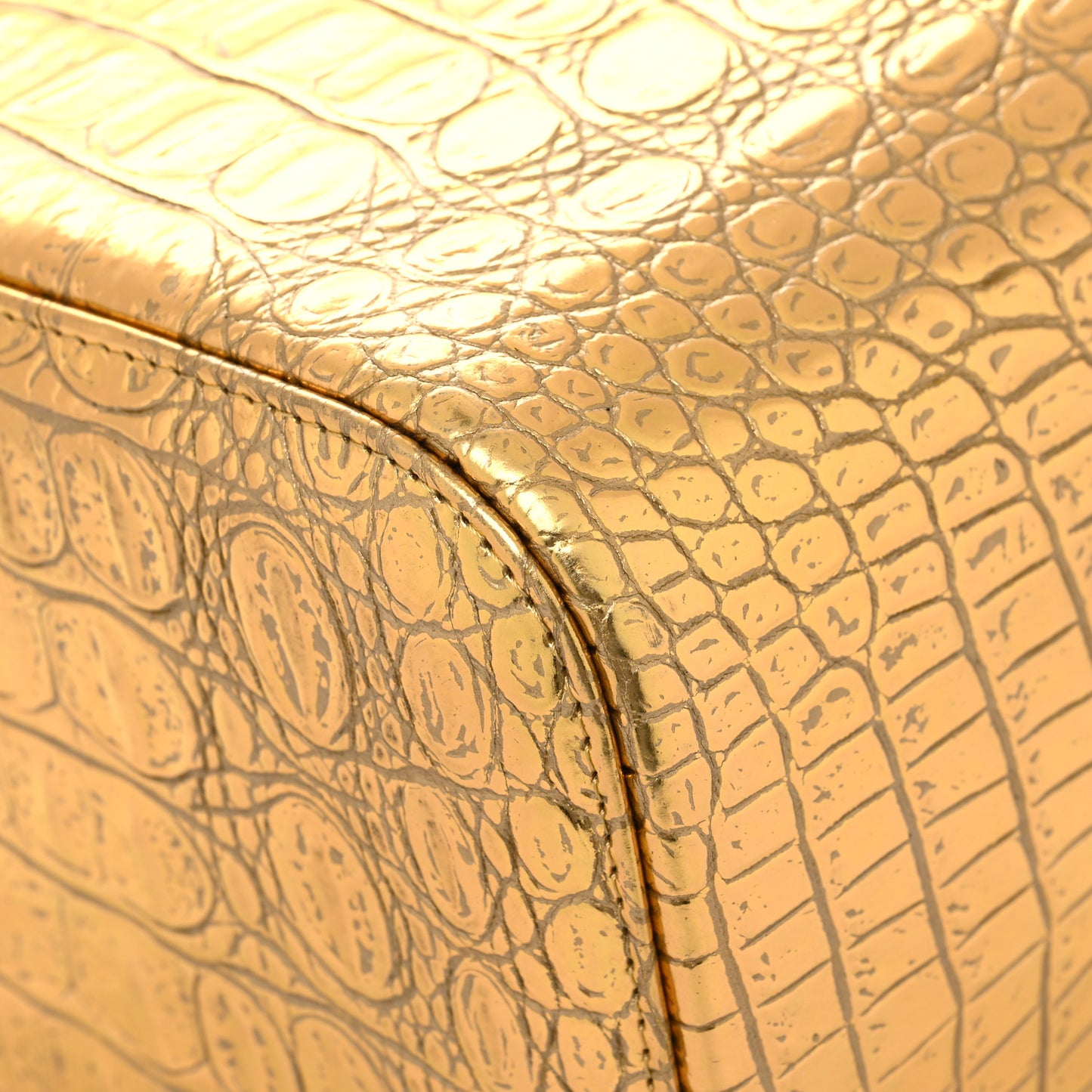 Metallic Calfskin Crocodile Embossed Cocodile Top Handle Vanity Gold