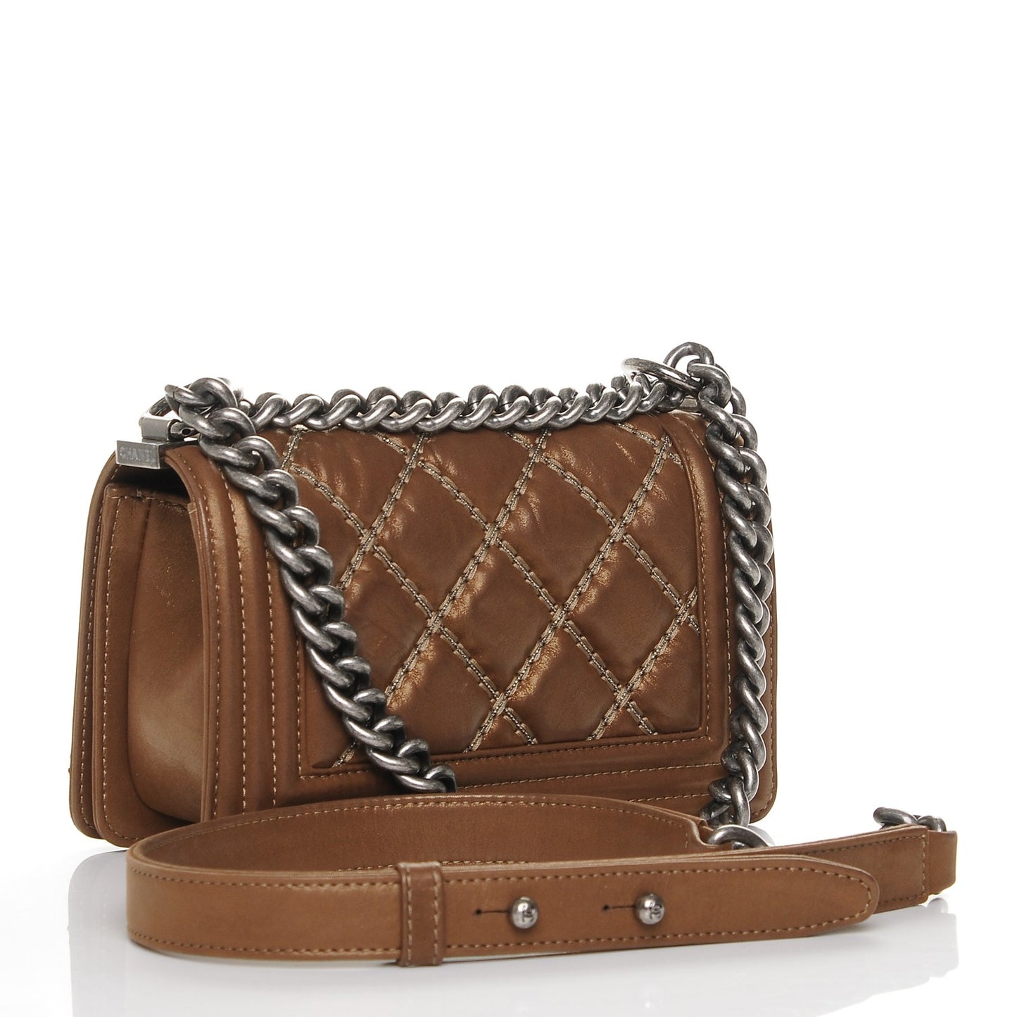 Iridescent Calfskin Embellished Double Stitch Small Boy Flap Light Brown