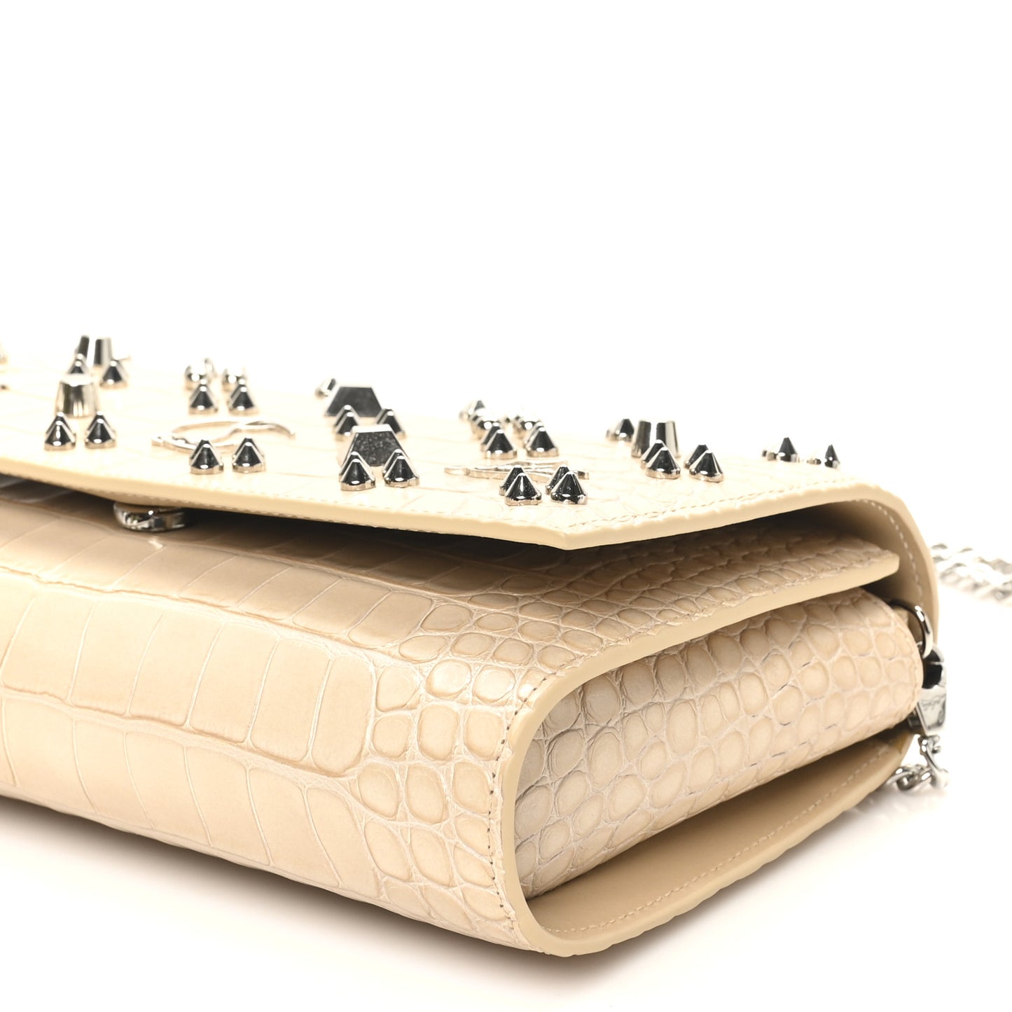 Calfskin Crocodile Embossed Spikes Loubinthesky Paloma Clutch Nougat