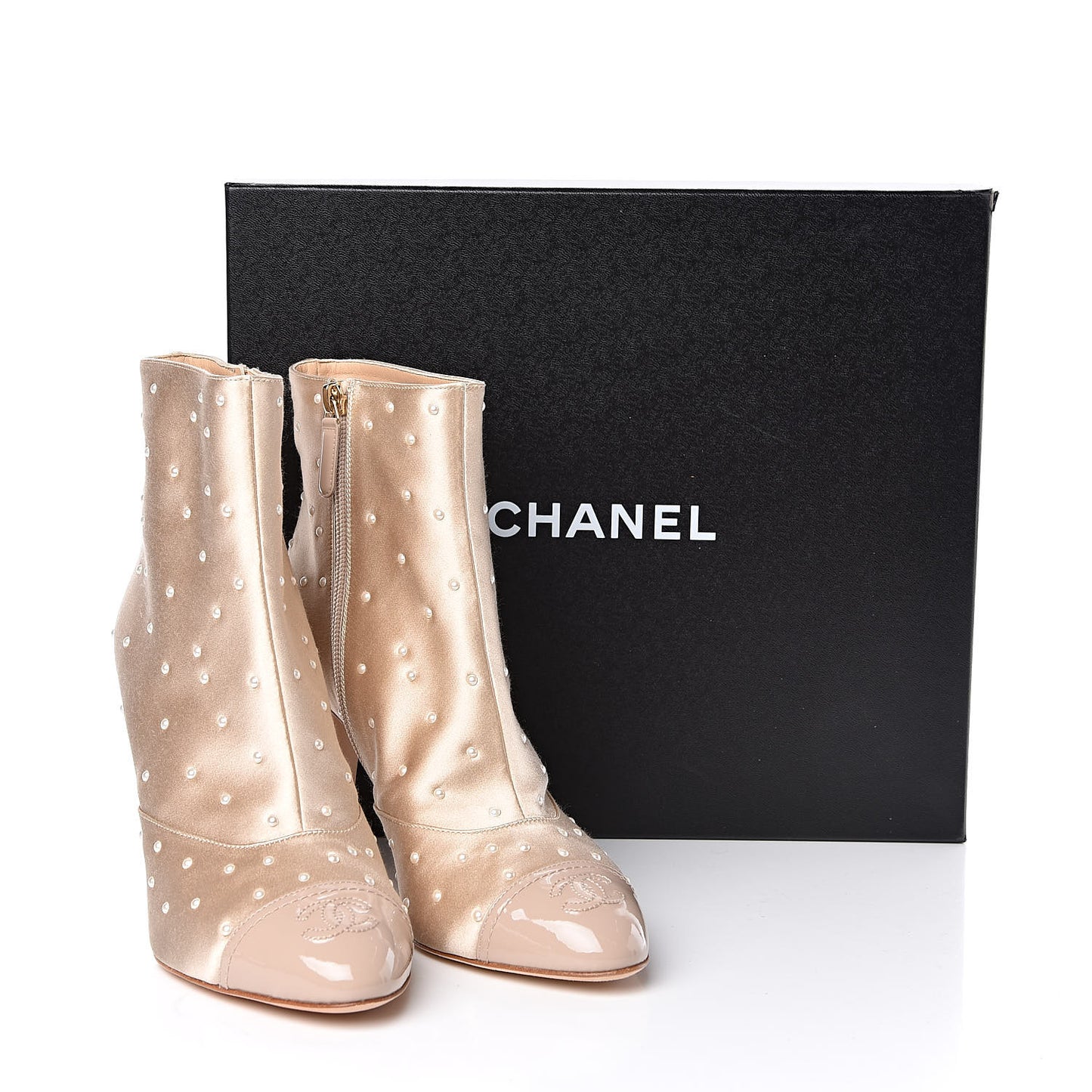 Satin Pearls Cap Toe Short Boots 40 Light Gold