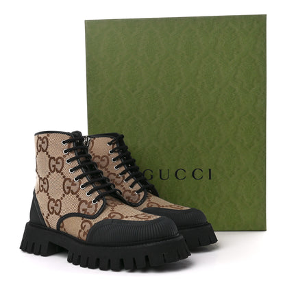 Gucci Monogram Jumbo GG Miro Soft Calfskin Mens Lace Up Combat Boots 9 Camel Ebony Black 9 of 9