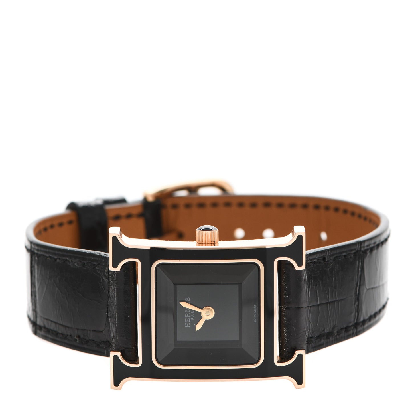 18K Rose Gold Alligator Lacquer 21mm Heure H Hour Quartz Watch Noir