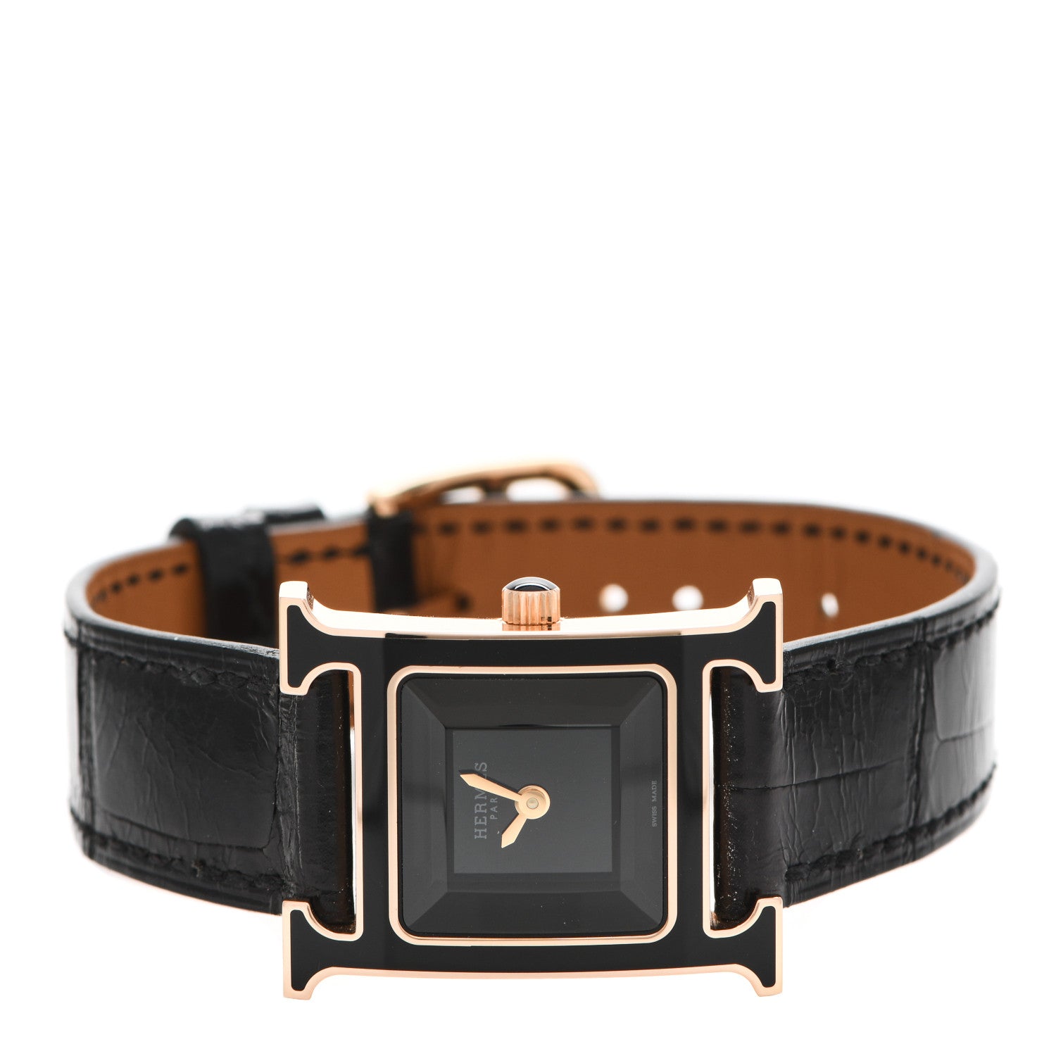 Hermes 18K Rose Gold Alligator Lacquer 21mm Heure H Hour Quartz Watch Noir 2 of 5