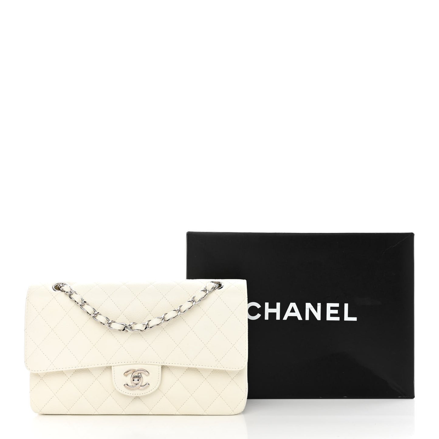 Caviar Quilted Medium Double Flap White