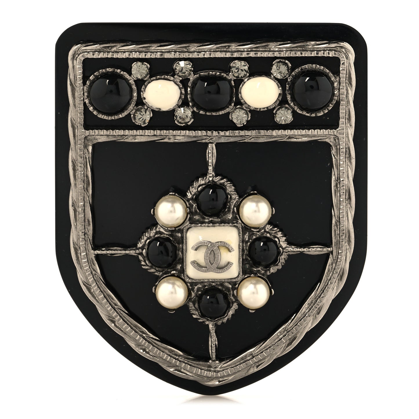 Resin Pearl Crystal CC Shield Brooch Black