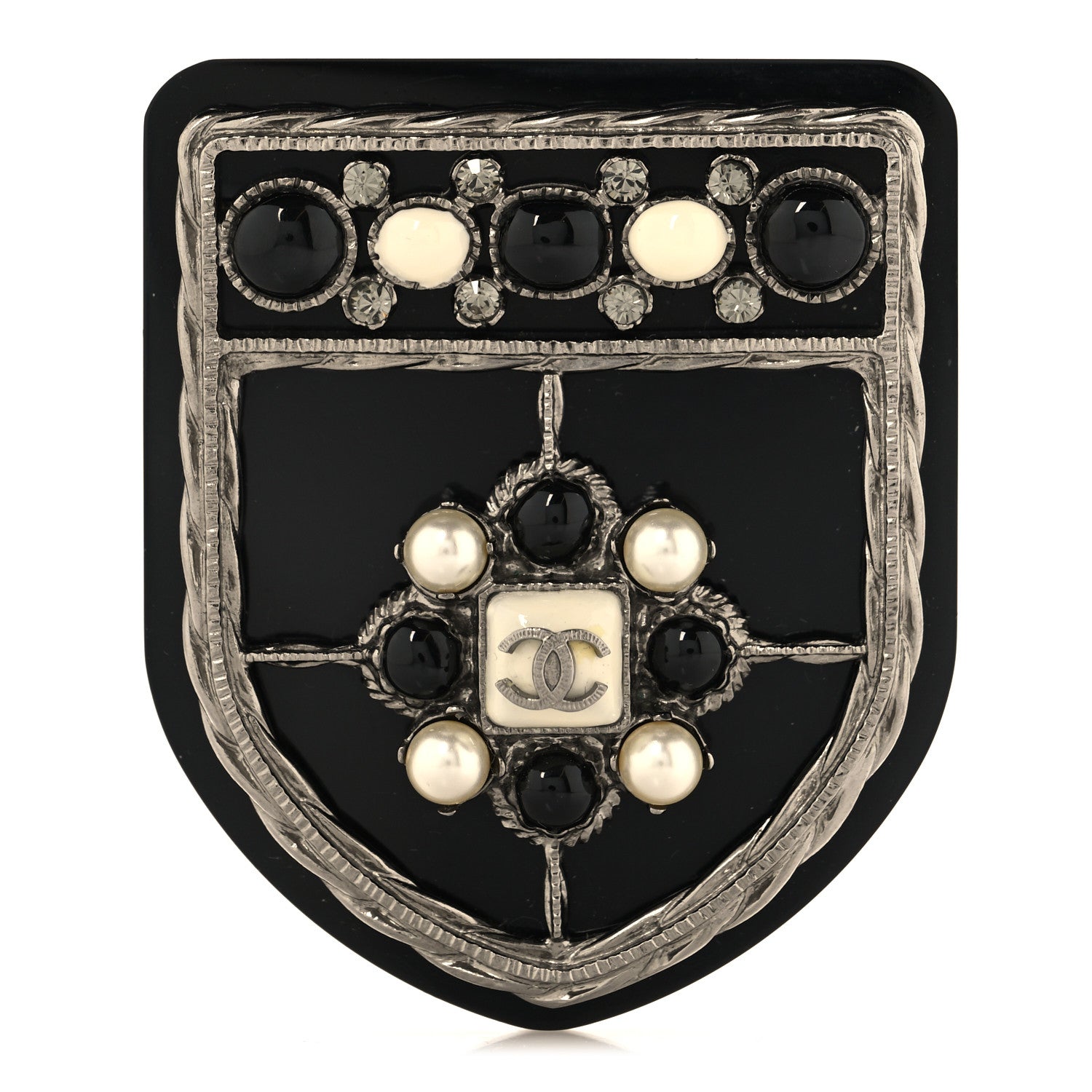 Chanel Resin Pearl Crystal CC Shield Brooch Black 1 of 3