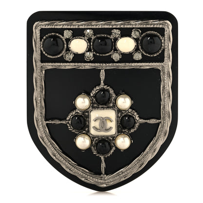 Chanel Resin Pearl Crystal CC Shield Brooch Black 1 of 3
