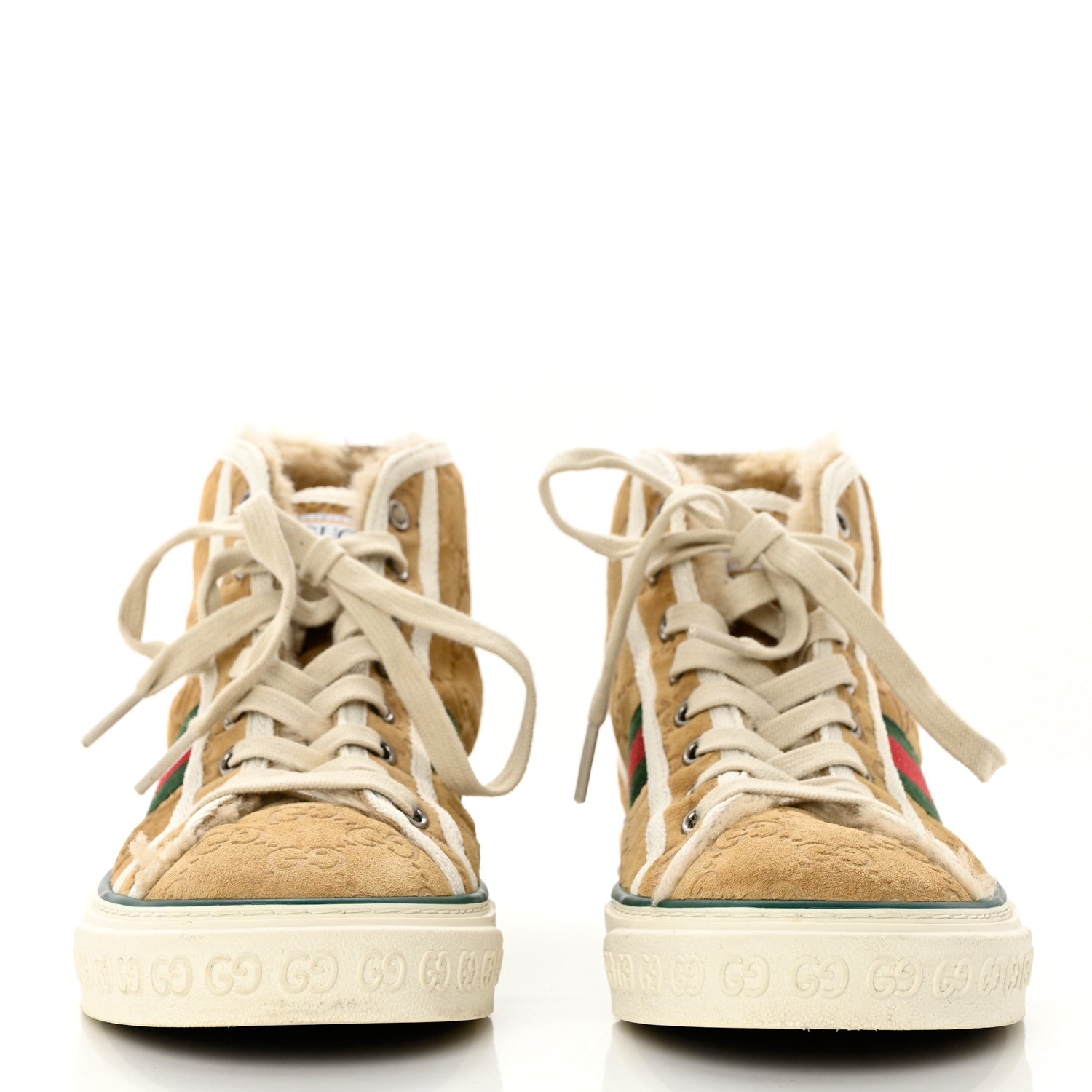 Gucci Suede Shearling Web GG Monogram Embossed Womens 1977 Tennis High Top Sneakers 37 Butterscotch Mystic White 2 of 8
