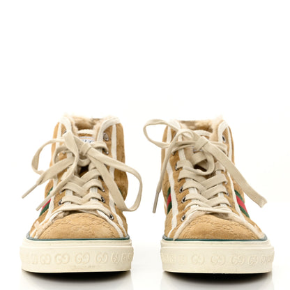 Gucci Suede Shearling Web GG Monogram Embossed Womens 1977 Tennis High Top Sneakers 37 Butterscotch Mystic White 2 of 8