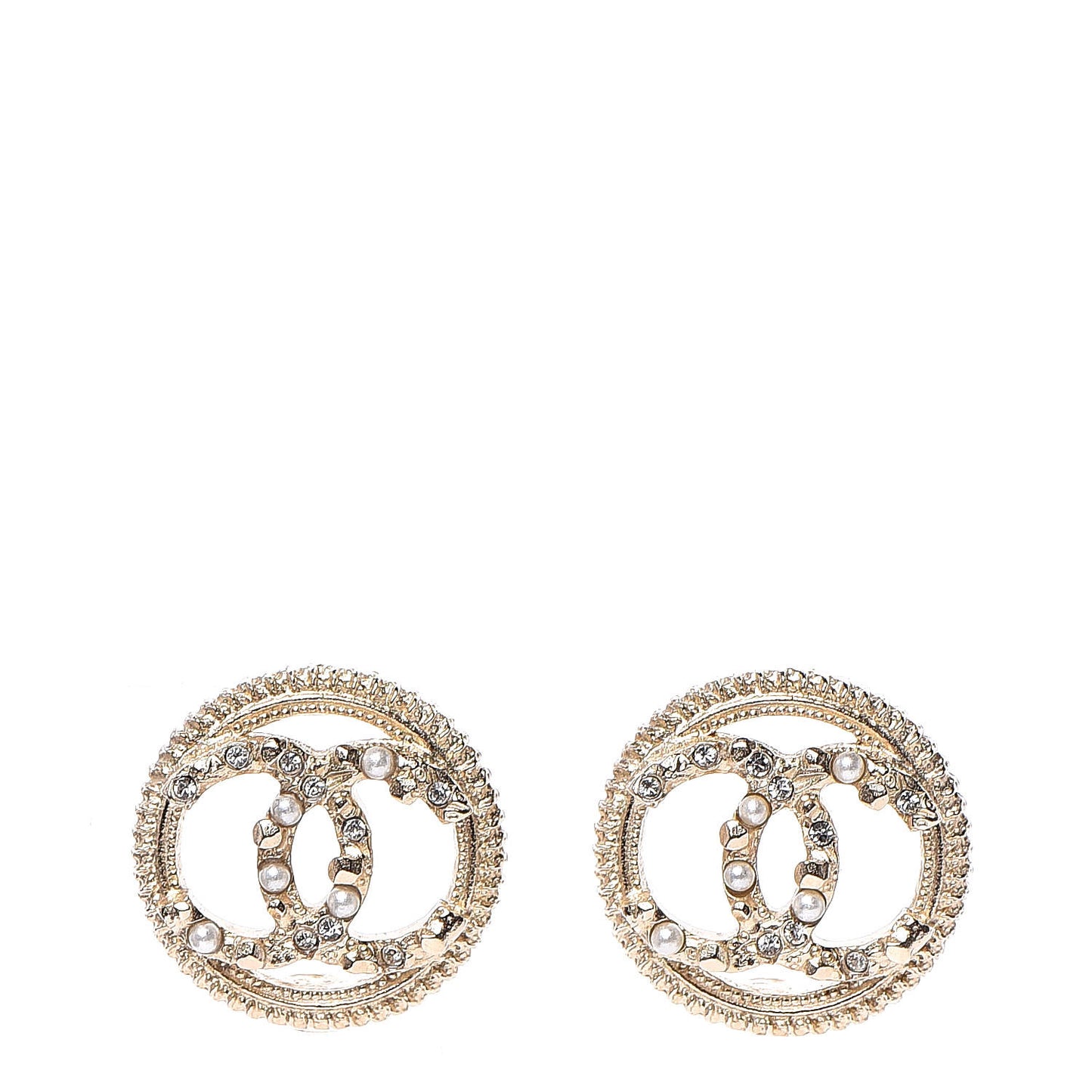 Pearl Crystal CC Round Earrings Gold