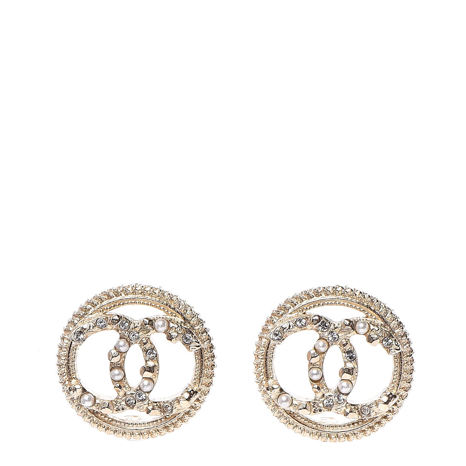 Chanel Pearl Crystal CC Round Earrings Gold 1 of 5