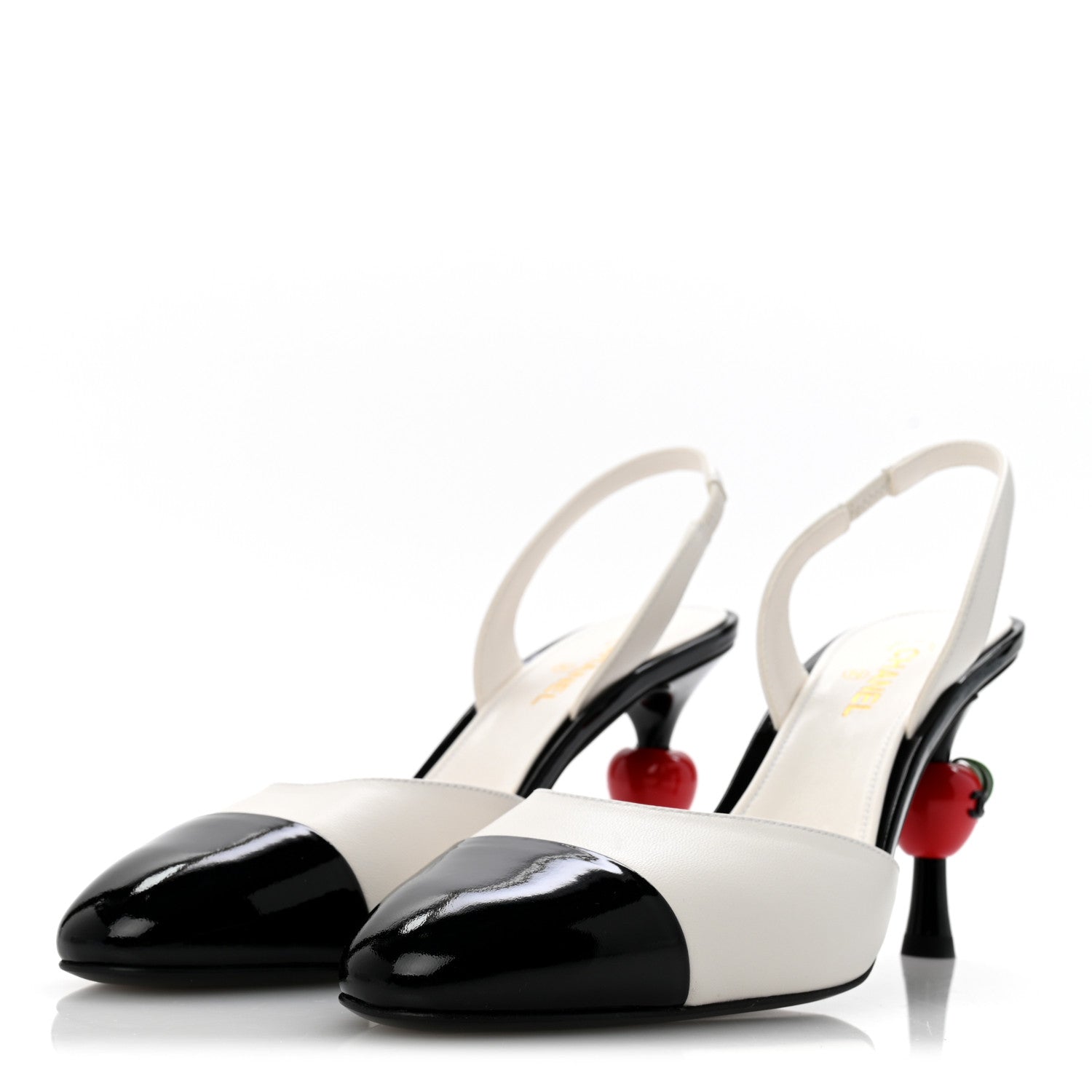 Chanel Lambskin Patent Cap Toe CC Apple Slingback Pumps 38.5 White Black 4 of 10
